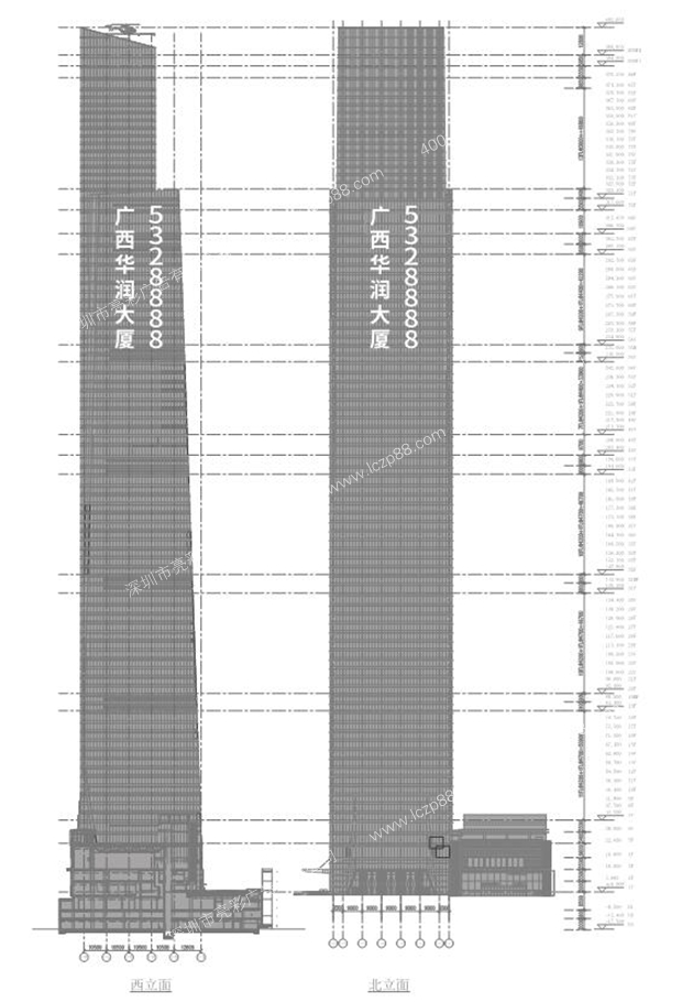 廣西華潤大廈樓體車(chē)貼燈光字位置比例圖